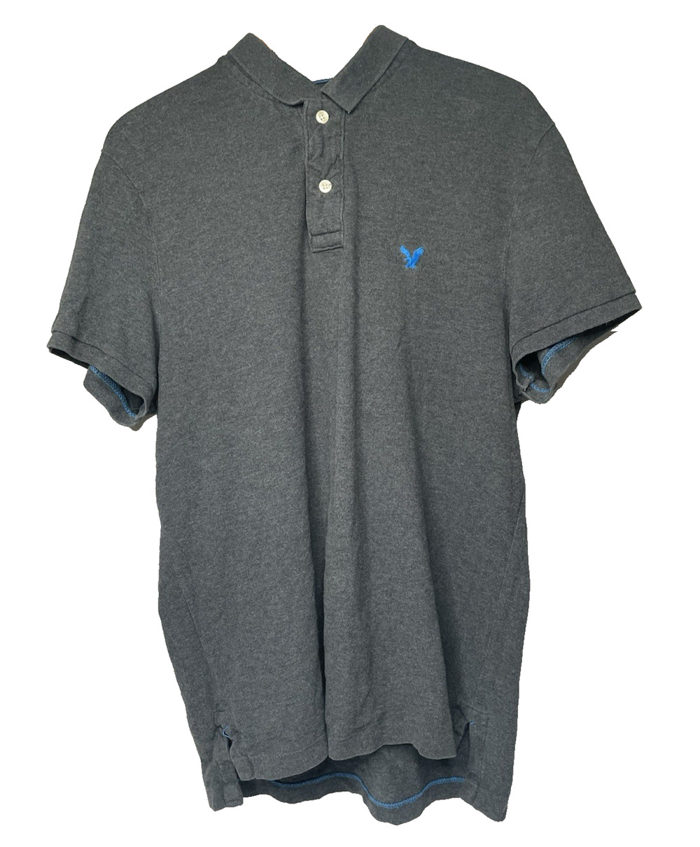 American Eagle Polo Shirt Mens XL Gray Athletic Fit Blue Logo 100% Cotton
